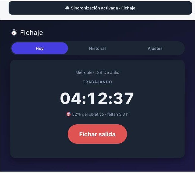 Pantalla de fichaje con cronómetro